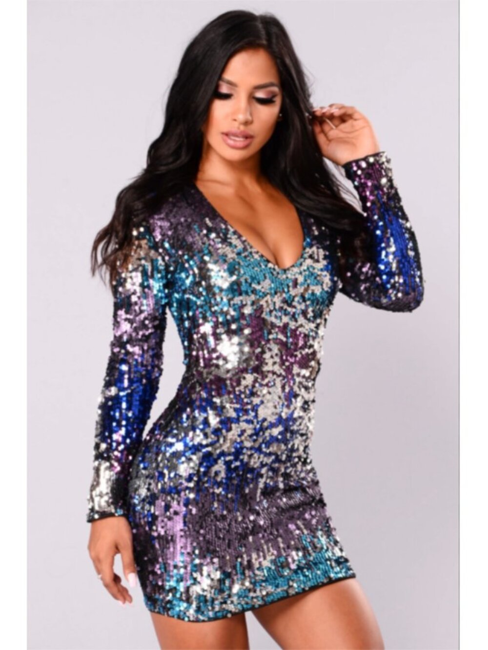 Riah Fashion Long-Sleeve Sequin Mini Dress Blue Multicolor Size S or L